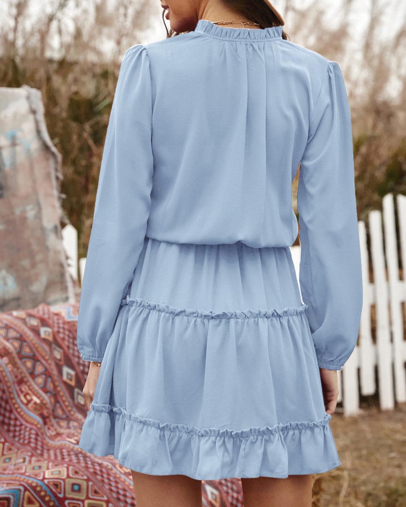 BTFBM Long Sleeve Fall Dresses for Women 2025 Summer Casual Tie Neck Ruffle Tiered A Line Wedding Guest Short Mini Dress(Long Sleeve Light Blue, Medium) - Image 4