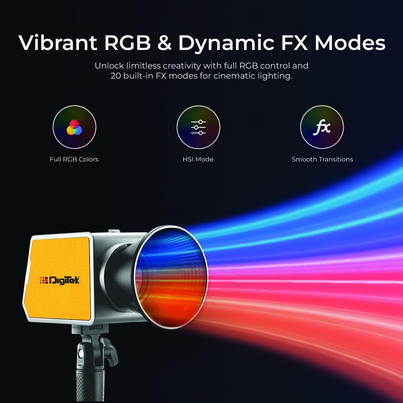 Digitek ® (DCL-60W RGB) ضوء LED مستمر بقوة 60 واط RGB مع قاعدة ميني بوين وعاكس، درجة حرارة اللون 2700K-6500K، 20 وضع تأثيرات، 97+ CRI، سطوع قابل للتعديل من 0-100%، تحكم عبر التطبيق، إضاءة استوديو للتصوير الفوتوغرافي والفيديو. - Image 4