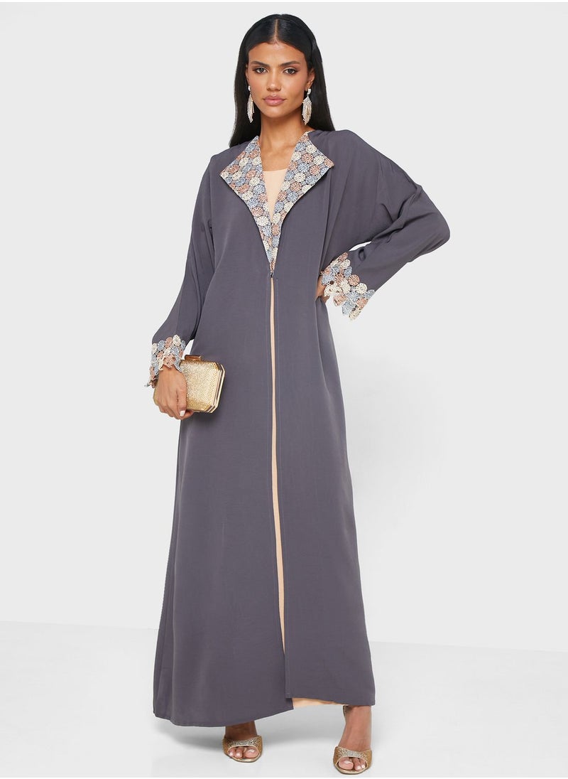 hayas closet - Embroidered Collared And Sleeve Abaya - Image 1