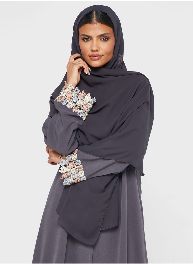 hayas closet - Embroidered Collared And Sleeve Abaya - Image 1