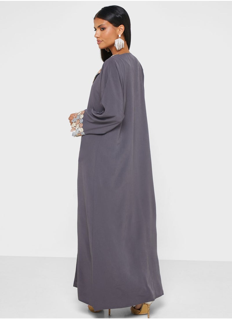 hayas closet - Embroidered Collared And Sleeve Abaya - Image 1