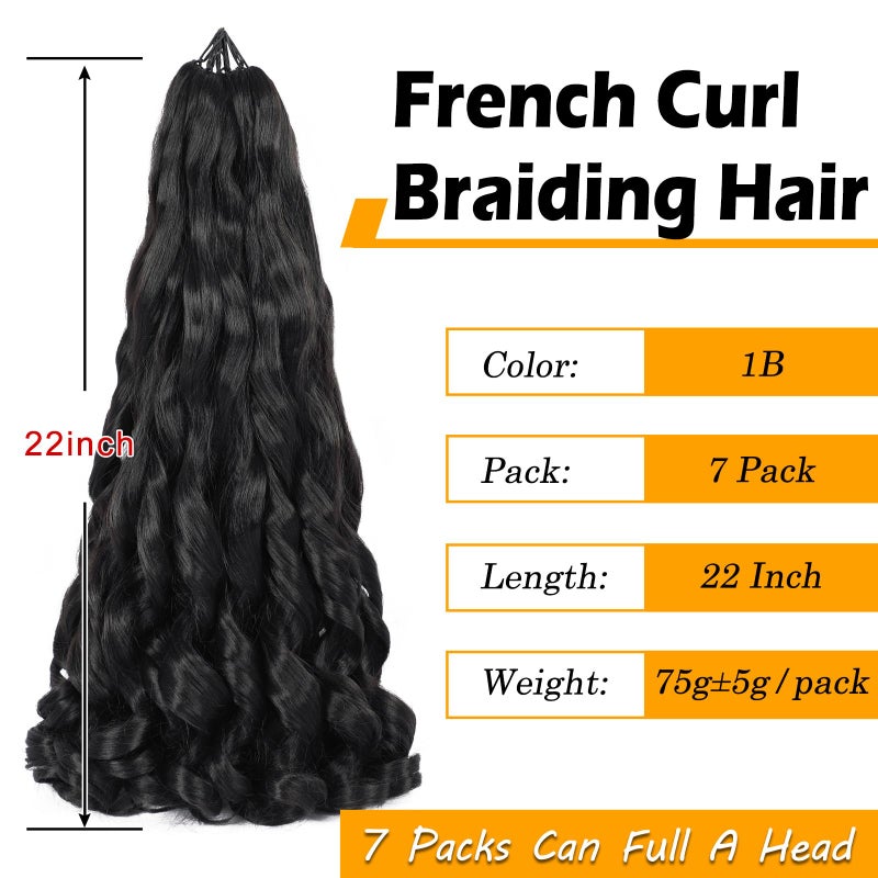 Colorful Queen Pre Stretched Braiding Hair 22 Inch Bouncy French Curly Braiding Hair Natural Black Loose Wavy Crochet Braids Hair for Women (7 Packs, 1B#) - Image 2