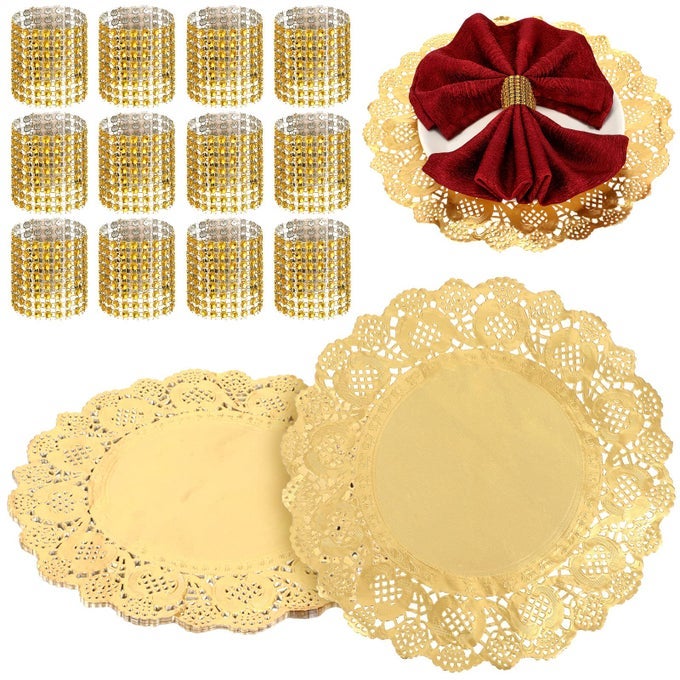 50 SET NAPKIN RINGS AND PAPER PLACEMATS BULK 50 DIAMOND NAPKIN HOLDER AND 50 DOILIES 12 INCH ROUND FOR TABLE DECORATIONS DINNER WEDDING PARTY DECORATION GOLD