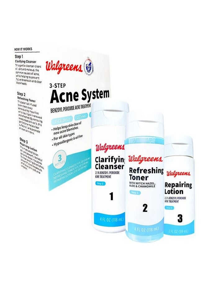 Walgreens - Complete Acne Treatment Kit 3 Simple Step Acne Kit Benzoyl Peroxide Based Cleanser Refreshing Toner & Spot Treatment Repairing Lotion 1.0 Fl Oz - Image 1