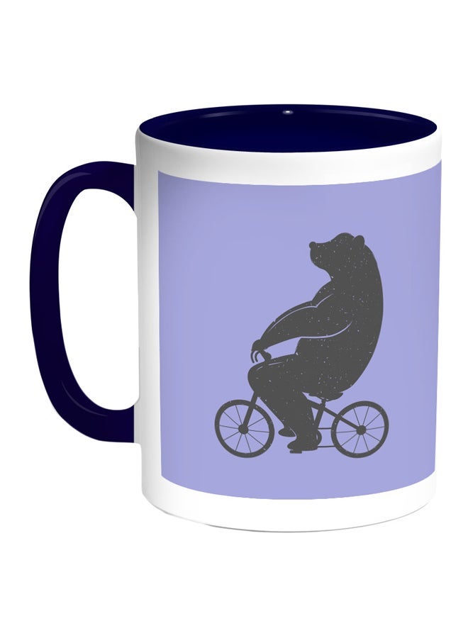 RYN Bear Driving A Bicycle Printed Coffee Mug Blue/White/Grey 11ounce