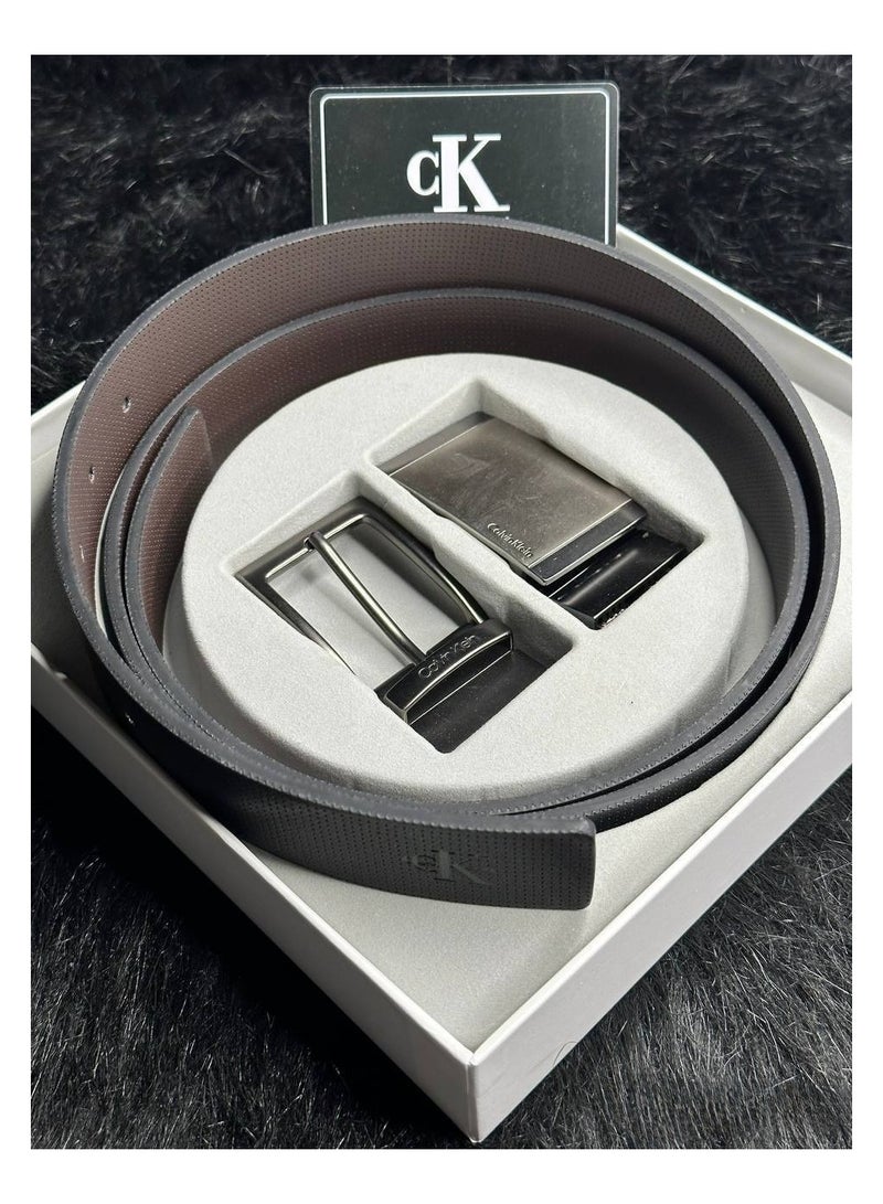 Calvin Klein Men's Reversible Belt Set with Dual Buckles (Black/Brown Leather)