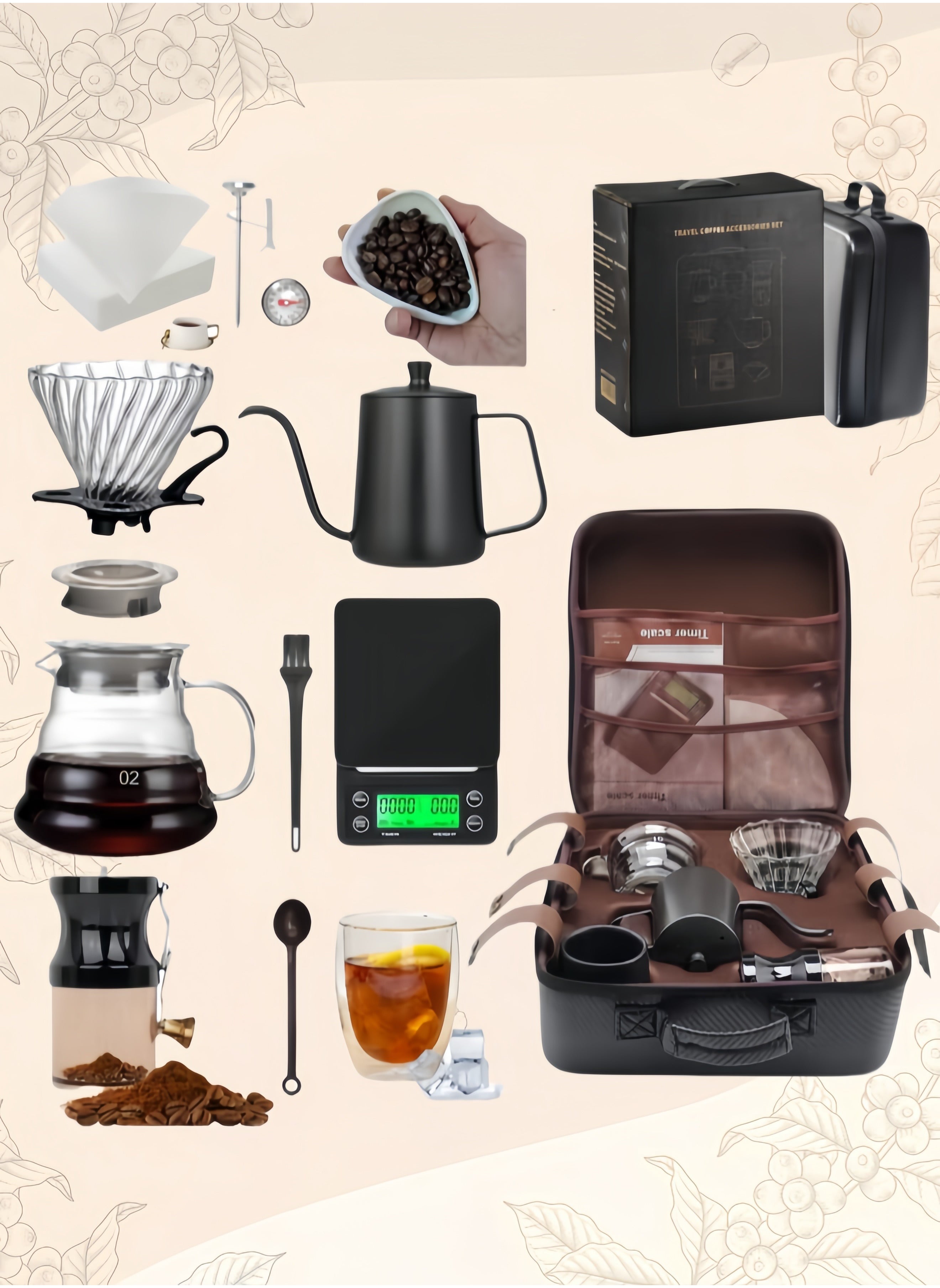 ELFSA V60 Set 12-Piece Coffee Drip Set, Including Scale, Drip Pot, Coffee Filter, Coffee Grinder, Drip Funnel, Thermometer, With Tool Box 