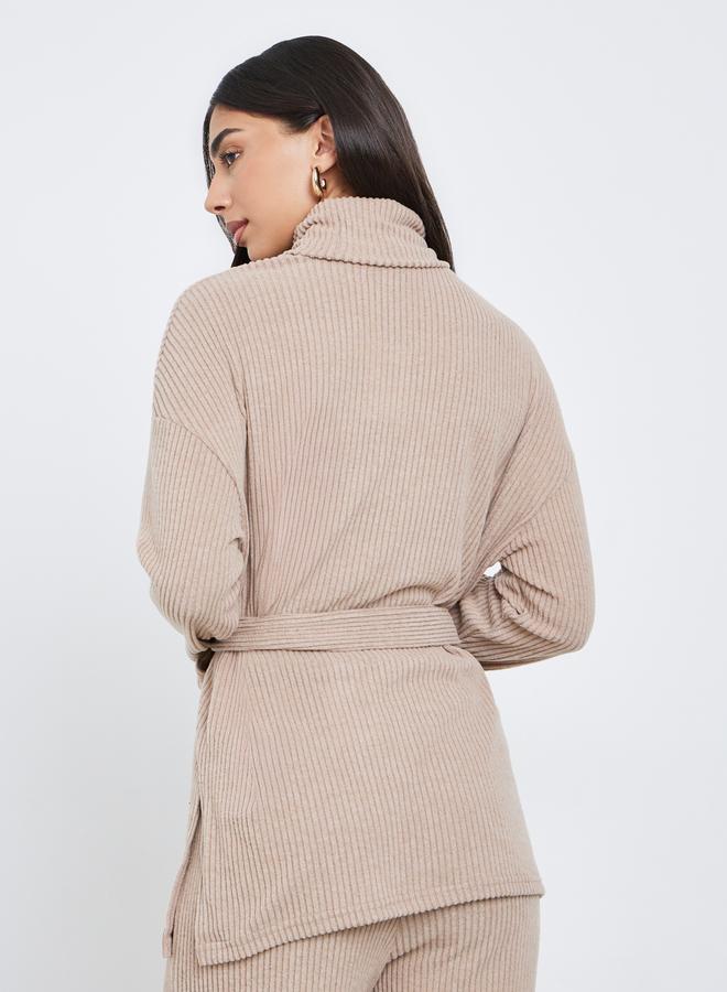 Styli Beige Ribbed Longline Turtle Neck Top With Fabric Belt - Image 5