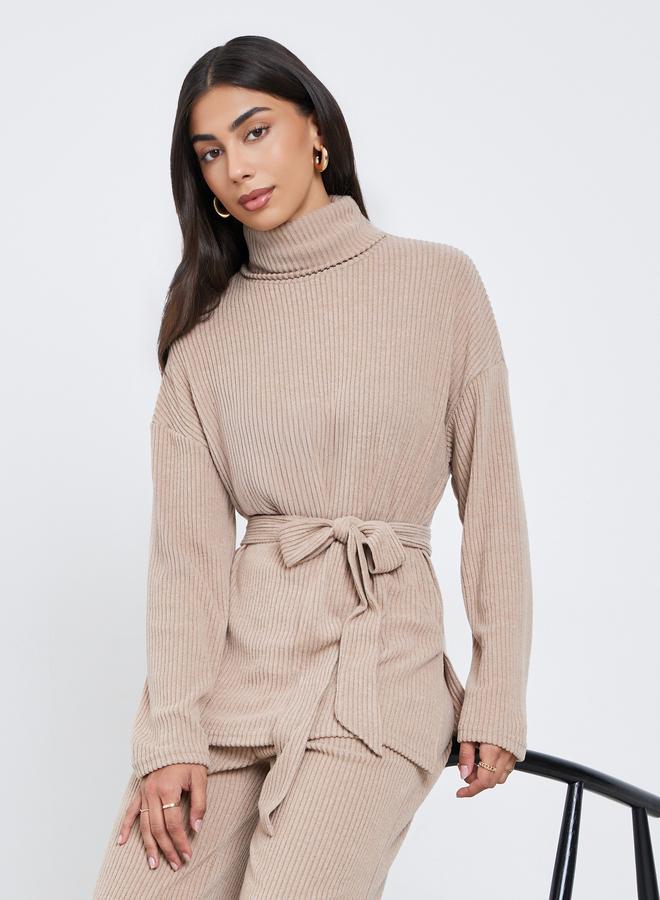 Styli Beige Ribbed Longline Turtle Neck Top With Fabric Belt - Image 1