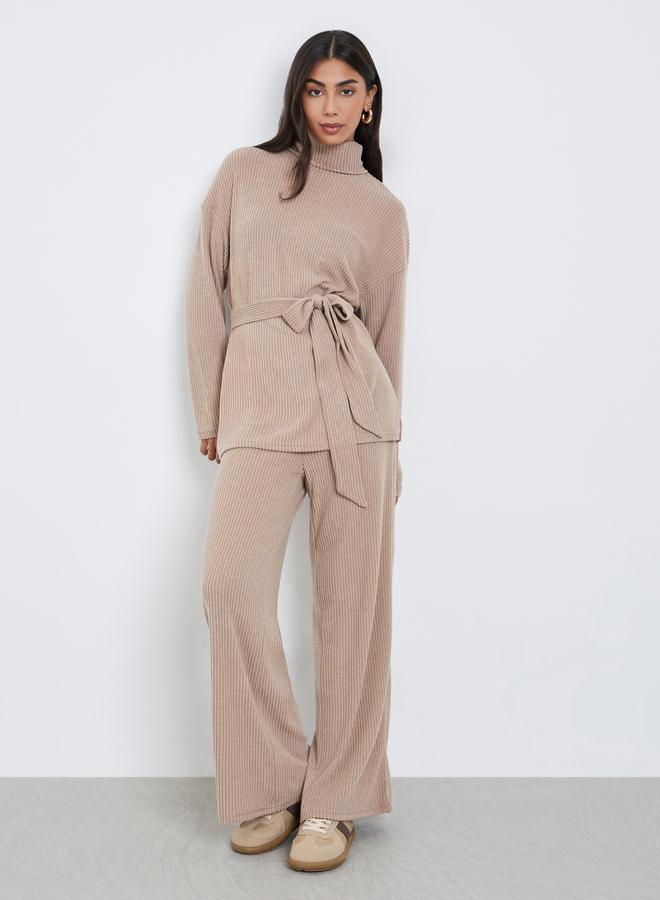 Styli Beige Ribbed Longline Turtle Neck Top With Fabric Belt - Image 2