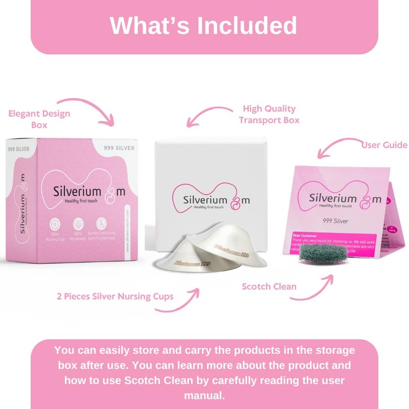 Silveriumom Healthy first touch كؤوس الرضاعة الفضية الأصلية من سيلفيريوموم - واقيات الحلمة للرضاعة الطبيعية للمواليد الجدد - 100% فضة نقية 999 ويدوية الصنع - أغطية الحلمة للرضاعة (عادية) - Image 2