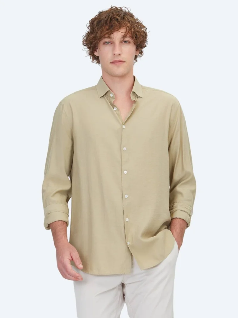 Kip Oil Green Plain Regular Fit Long Weaving Casual Shirt