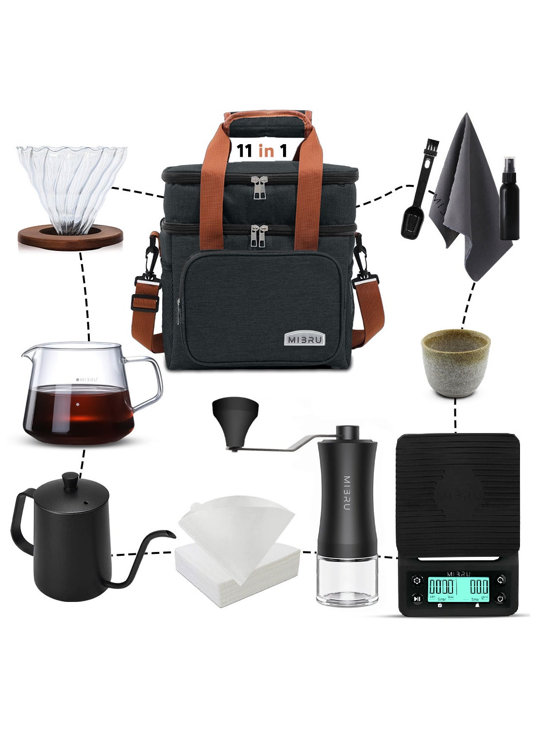 MIBRU Coffee set for v60 drip coffee 11 in 1 with black bag 