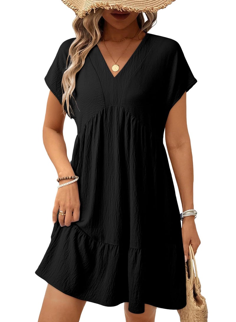 Acelitt Women's Summer Dresses 2026 Beach Casual Deep V Neck Loose Sundress Short Sleeve Mini Dress with Pockets Vacation Outfits Black Large - Image 1