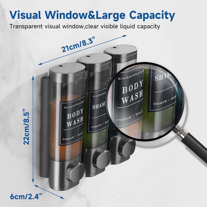 EVVIX حامل صابون ثلاثي الغرف مثبت على الحائط للحمام | مجموعة زجاجات قابلة لإعادة التعبئة للشامبو والبلسم وغسول الجسم | قابل للقفل، مقاوم للتسرب، رؤية شفافة | منظم للاستحمام والمطبخ، بدون حفر - Image 3