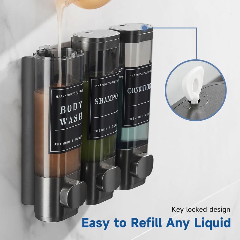 EVVIX حامل صابون ثلاثي الغرف مثبت على الحائط للحمام | مجموعة زجاجات قابلة لإعادة التعبئة للشامبو والبلسم وغسول الجسم | قابل للقفل، مقاوم للتسرب، رؤية شفافة | منظم للاستحمام والمطبخ، بدون حفر - Image 2