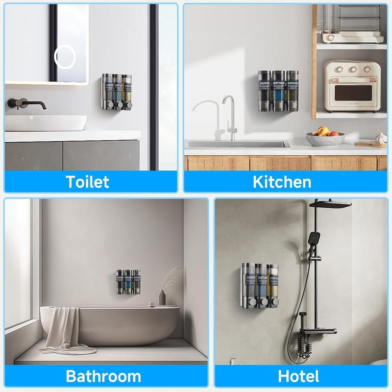 EVVIX حامل صابون ثلاثي الغرف مثبت على الحائط للحمام | مجموعة زجاجات قابلة لإعادة التعبئة للشامبو والبلسم وغسول الجسم | قابل للقفل، مقاوم للتسرب، رؤية شفافة | منظم للاستحمام والمطبخ، بدون حفر - Image 4