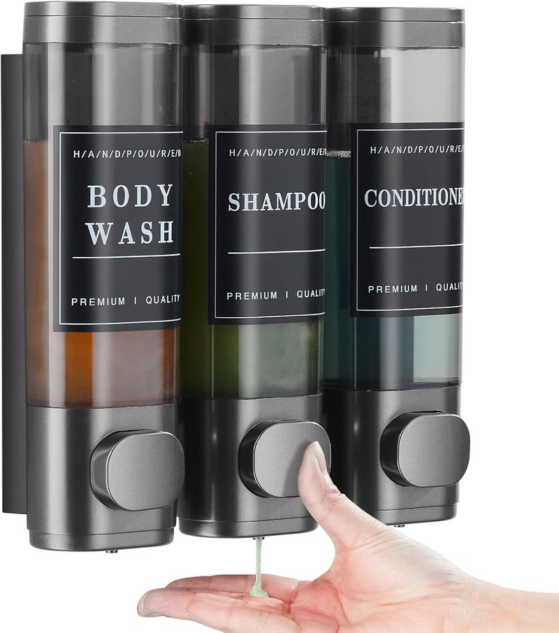 EVVIX حامل صابون ثلاثي الغرف مثبت على الحائط للحمام | مجموعة زجاجات قابلة لإعادة التعبئة للشامبو والبلسم وغسول الجسم | قابل للقفل، مقاوم للتسرب، رؤية شفافة | منظم للاستحمام والمطبخ، بدون حفر - Image 1