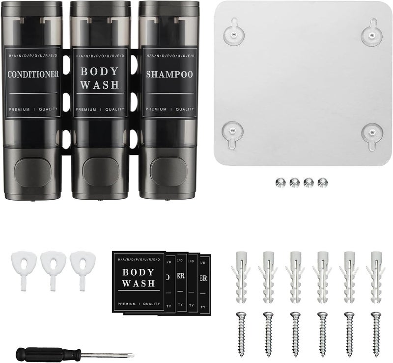 EVVIX حامل صابون ثلاثي الغرف مثبت على الحائط للحمام | مجموعة زجاجات قابلة لإعادة التعبئة للشامبو والبلسم وغسول الجسم | قابل للقفل، مقاوم للتسرب، رؤية شفافة | منظم للاستحمام والمطبخ، بدون حفر - Image 5