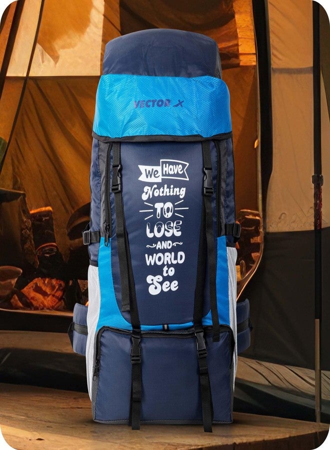 Vector X Hiking 55 Liter Rucksack Travel Backpack Bag for Camping, Hiking, Traveling, Trekking, Outdooor, 2 Main Compartment, 1 Shoe Pocket, With Rain Cover Material - Mesh, Color - Blue - Image 2