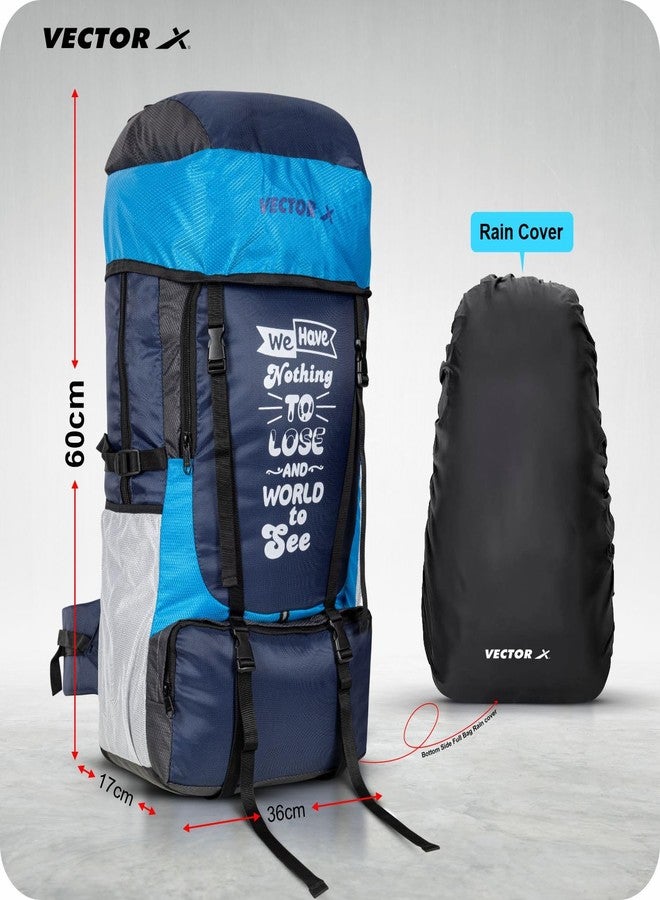 Vector X Hiking 55 Liter Rucksack Travel Backpack Bag for Camping, Hiking, Traveling, Trekking, Outdooor, 2 Main Compartment, 1 Shoe Pocket, With Rain Cover Material - Mesh, Color - Blue - Image 4