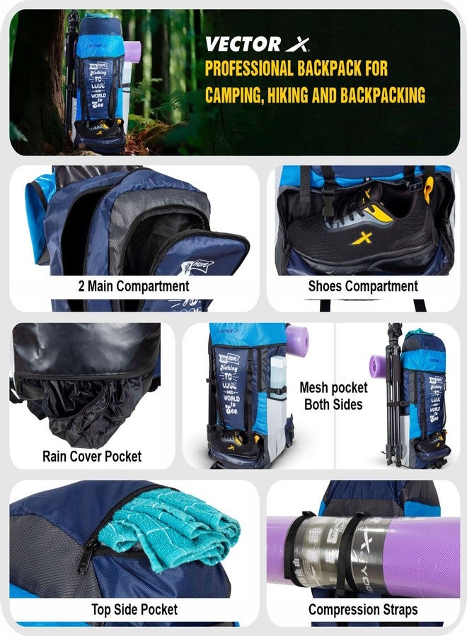 Vector X Hiking 55 Liter Rucksack Travel Backpack Bag for Camping, Hiking, Traveling, Trekking, Outdooor, 2 Main Compartment, 1 Shoe Pocket, With Rain Cover Material - Mesh, Color - Blue - Image 5