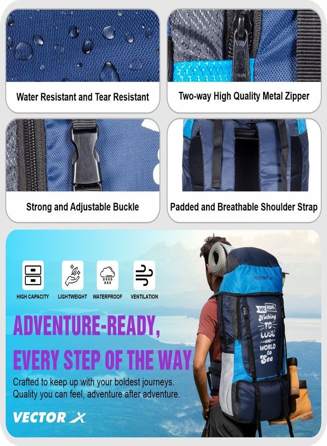 Vector X Hiking 55 Liter Rucksack Travel Backpack Bag for Camping, Hiking, Traveling, Trekking, Outdooor, 2 Main Compartment, 1 Shoe Pocket, With Rain Cover Material - Mesh, Color - Blue - Image 3