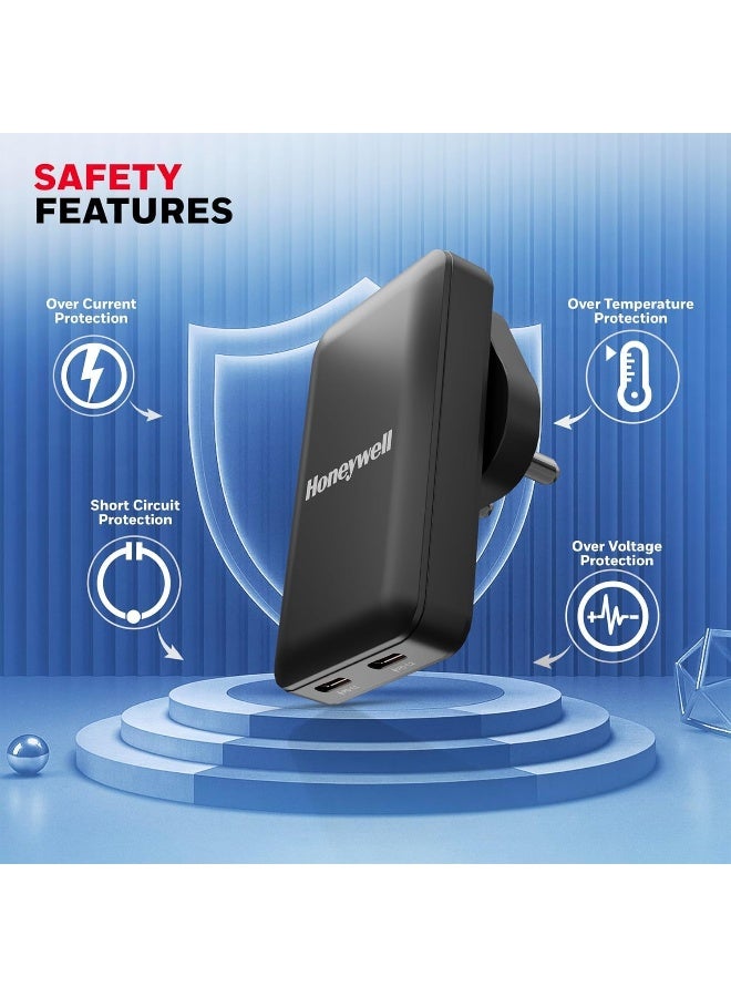 هوني ويل شاحن حائط زست فائق النحافة GaN 65W مزدوج Type-C PD 3.0 مع دعم PPS، شحن فائق السرعة، متوافق مع آيفون، آيباد برو، بيكسل، جالاكسي، ون بلس، الأجهزة اللوحية والساعات الذكية - - Image 3