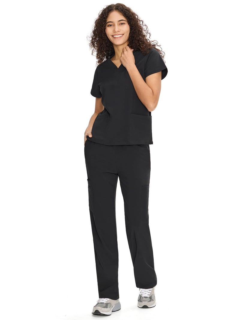 COZYFIT Scrubs for Women Set Medical Uniform - V-Neck Top & Straight Leg Pants with 9 Pockets, Unisex Workwear COZY SCRUBS, Black, M, Petite - Image 3