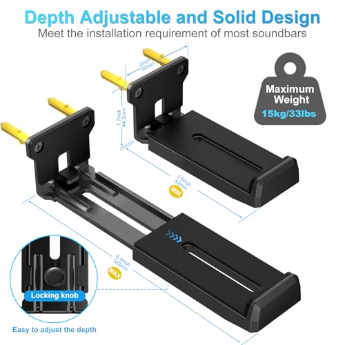 ZUOLACO Soundbar Wall Mount Bracket for Samsung, Bose, Vizio, LG, Sony, JBL, Sonos and More Sound Bar Mounts Under TV, Hold up to 33 lbs, Depth Adjustable 3.6”-6.4”, Soundbar Shelf, Black - Image 3