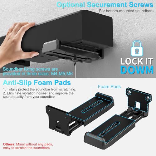 ZUOLACO Soundbar Wall Mount Bracket for Samsung, Bose, Vizio, LG, Sony, JBL, Sonos and More Sound Bar Mounts Under TV, Hold up to 33 lbs, Depth Adjustable 3.6”-6.4”, Soundbar Shelf, Black - Image 4