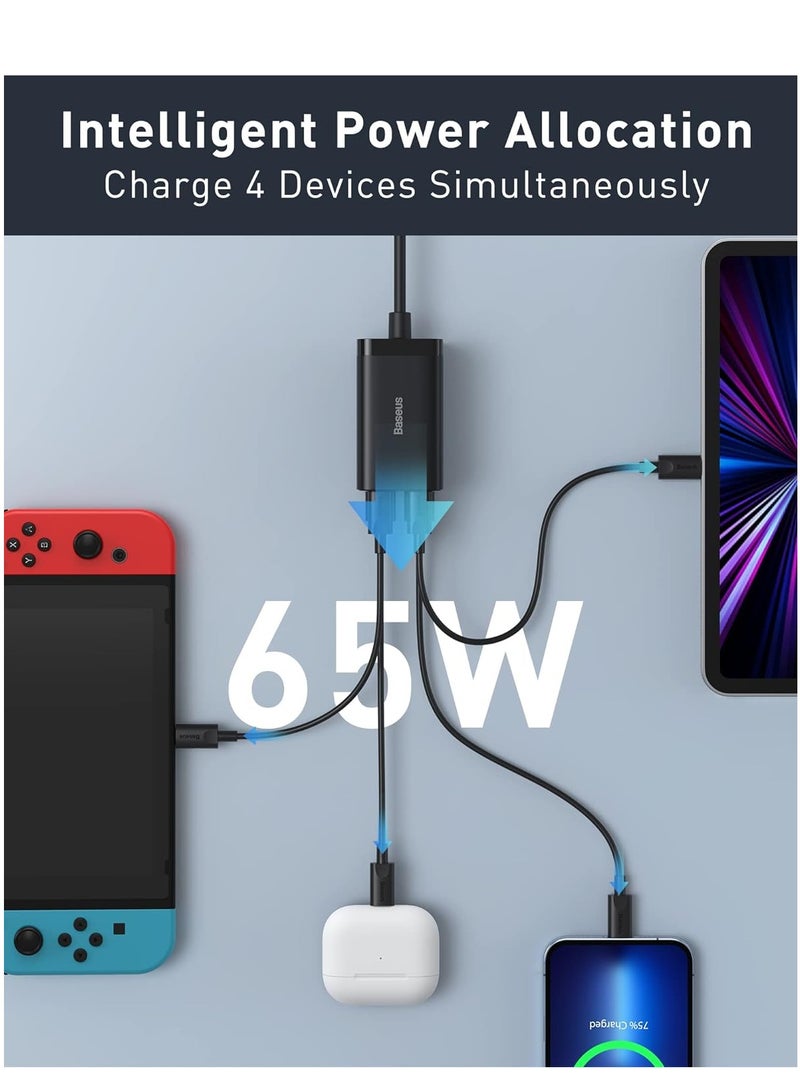 بيسوس شاحن USB C بقوة 65 وات مزود طاقة USB C مزود بـ 4 منافذ GaN III PD مع كابل تيار متردد بطول 1.5 متر وكابل USB C بقوة 100 وات لجهاز MacBook Pro Air Laptop وiPhone 15 و14 و13 و12 Series وiPad Pro وSamsung Galaxy - Image 4