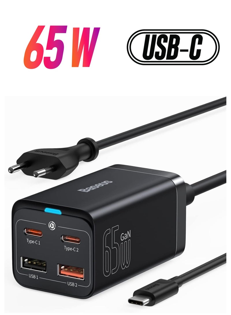بيسوس شاحن USB C بقوة 65 وات مزود طاقة USB C مزود بـ 4 منافذ GaN III PD مع كابل تيار متردد بطول 1.5 متر وكابل USB C بقوة 100 وات لجهاز MacBook Pro Air Laptop وiPhone 15 و14 و13 و12 Series وiPad Pro وSamsung Galaxy - Image 1