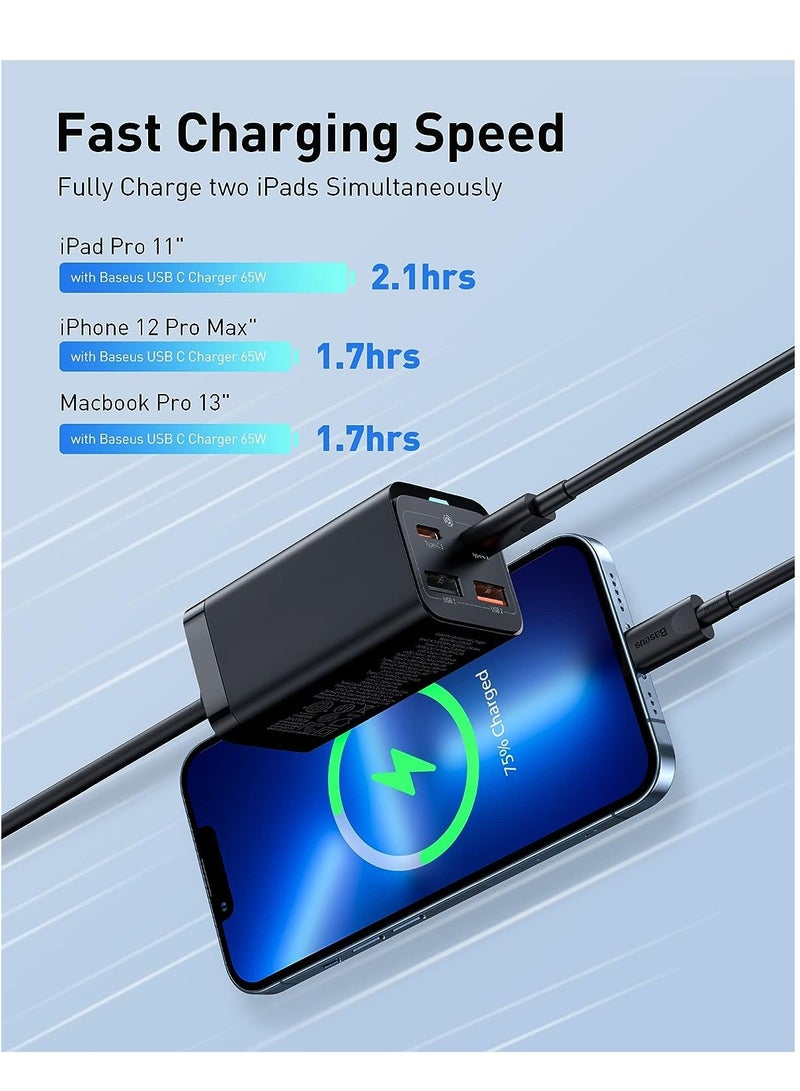 بيسوس شاحن USB C بقوة 65 وات مزود طاقة USB C مزود بـ 4 منافذ GaN III PD مع كابل تيار متردد بطول 1.5 متر وكابل USB C بقوة 100 وات لجهاز MacBook Pro Air Laptop وiPhone 15 و14 و13 و12 Series وiPad Pro وSamsung Galaxy - Image 3
