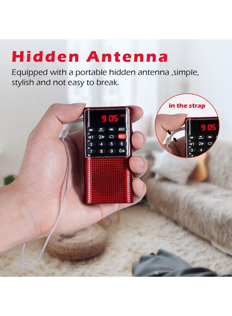 AROAQ Mini Portable Pocket FM Radio MP3 Walkman Radio with Recorder Lock Key SD Card Player Red - Image 2