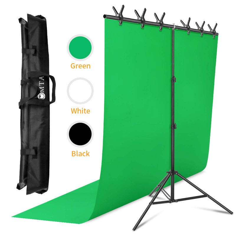 LOMTAP Backdrop Stand 4.9ftx6.6ft/1.5x2m Photography Adjustable T-Shape Backgrounds Stand Backdrop Support System Kit with Backdrop (Green,Withe,Black) 6 Clips Carrying Bag for Video Studio Shooting - Image 1