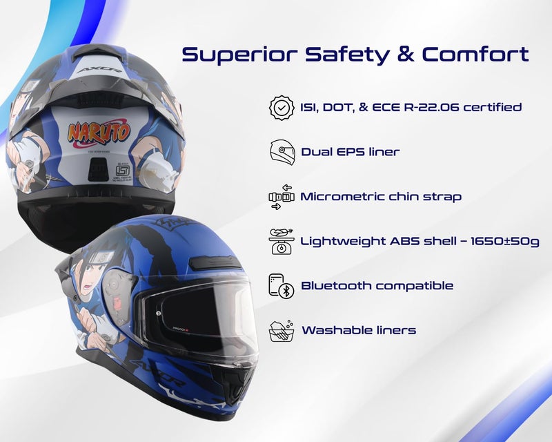 Axor Saber Sasuke ISI ECE and DOT Certified Matte Finish Full Face Helmet for Men with Pinlock Fitted Clear Visor -Dull Blue Black-XL - Image 5