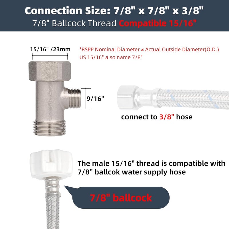 Hibbent Bidet T Adapter, Metal T Valve for Bidet(7/8” x 7/8” x 3/8”) or (15/16" x 15/16" x 9/16"), 3 Way Tee Connector Bidet Attachment for Toilet - Image 3