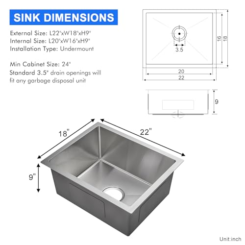 MENATT 22 inch Undermount Kitchen Sink, 22" x 18" Single Bowl Kitchen Sink Undermount Stainless Steel Handmade Bar Sink with Basket Strainer(Brushed) - Image 3