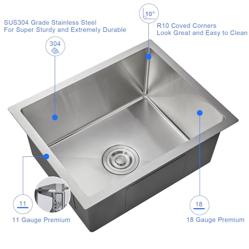 MENATT 22 inch Undermount Kitchen Sink, 22" x 18" Single Bowl Kitchen Sink Undermount Stainless Steel Handmade Bar Sink with Basket Strainer(Brushed) - Image 4