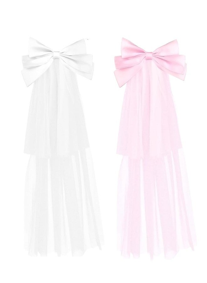 CHIROGRAPHY 2 pcs Luxury Bachelorette Party Favors Veil Set Bride and Bridesmaid Bow-Knot Veil Cute Bridal Short Bow Veils Bachelorette Party Supplies (1 white+ 1 pink) - Image 1