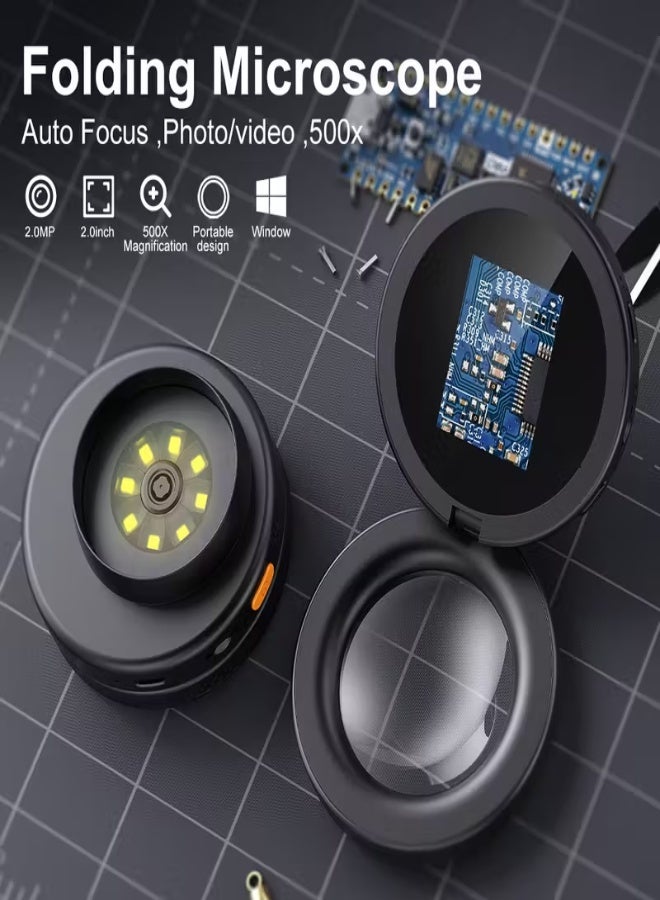 ميكروسكوب رقمي محمول 500X – تكبير بصري ورقمي مع التركيز التلقائي، يعمل بالبطارية/USB، شاشة IPS بحجم 2 بوصة، 8 مصابيح LED، تصوير الصور والفيديو، متوافق مع الحاسوب، مثالي لصيانة الإلكترونيات، البحث العلمي، تحليل الشعر - Image 3