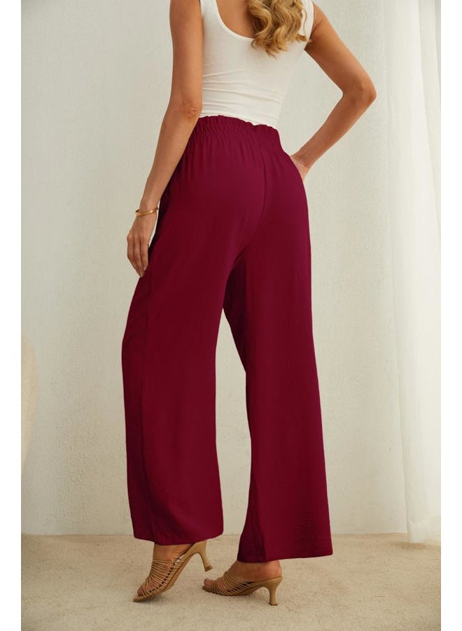 IWOLLENCE Women's Wide Leg Pants with Pockets High Waist Adjustable Knot Loose Casual Trousers Business Work Casual Pants, 34 Wine Red, XS - Image 5