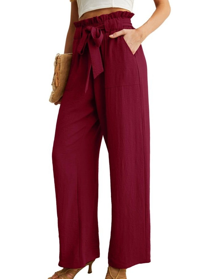 IWOLLENCE Women's Wide Leg Pants with Pockets High Waist Adjustable Knot Loose Casual Trousers Business Work Casual Pants, 34 Wine Red, XS - Image 2