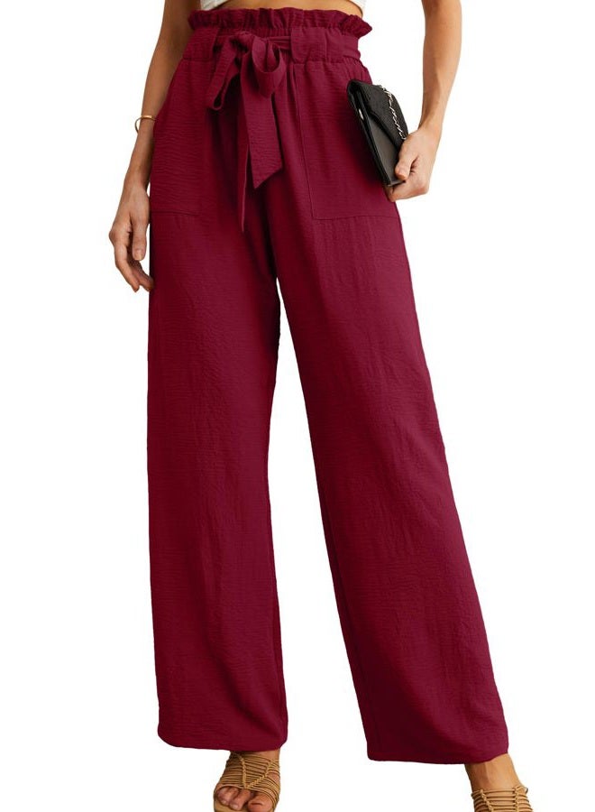 IWOLLENCE Women's Wide Leg Pants with Pockets High Waist Adjustable Knot Loose Casual Trousers Business Work Casual Pants, 34 Wine Red, XS - Image 1