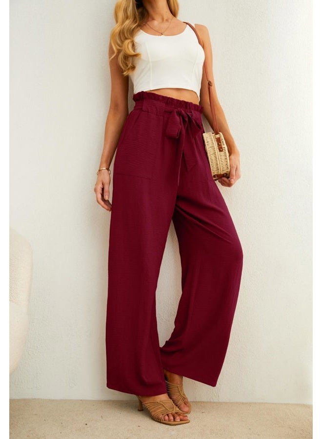 IWOLLENCE Women's Wide Leg Pants with Pockets High Waist Adjustable Knot Loose Casual Trousers Business Work Casual Pants, 34 Wine Red, XS - Image 3