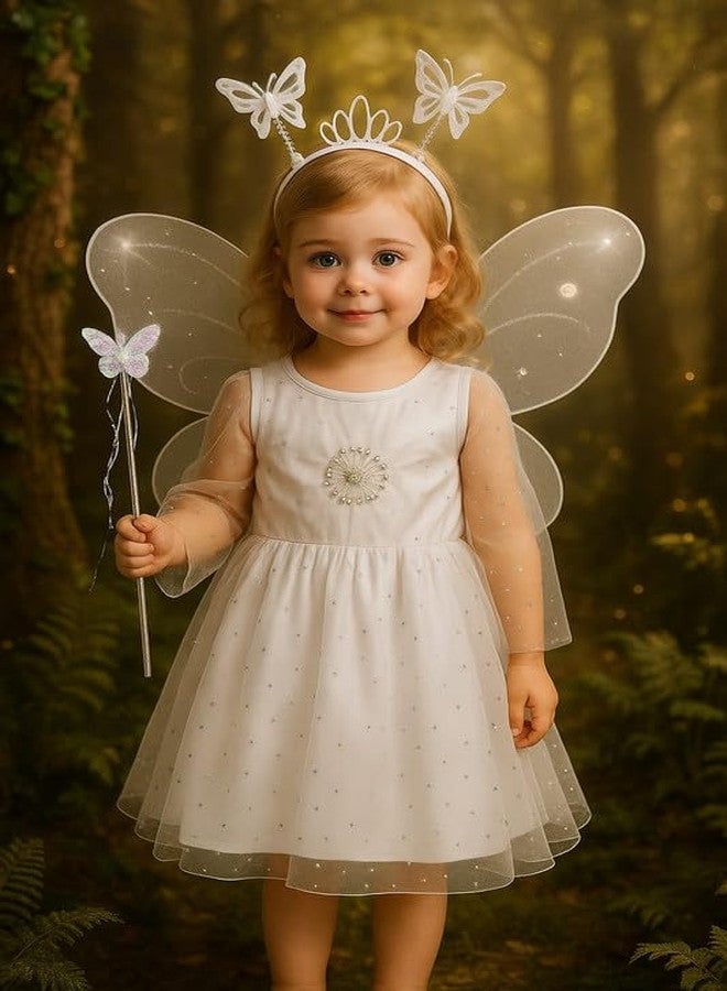 Krystle Baby Girl Butterfly Fairy Costume – Dress with Wand, Wings & Tiara Headband (White,7-8 Years) - Image 3