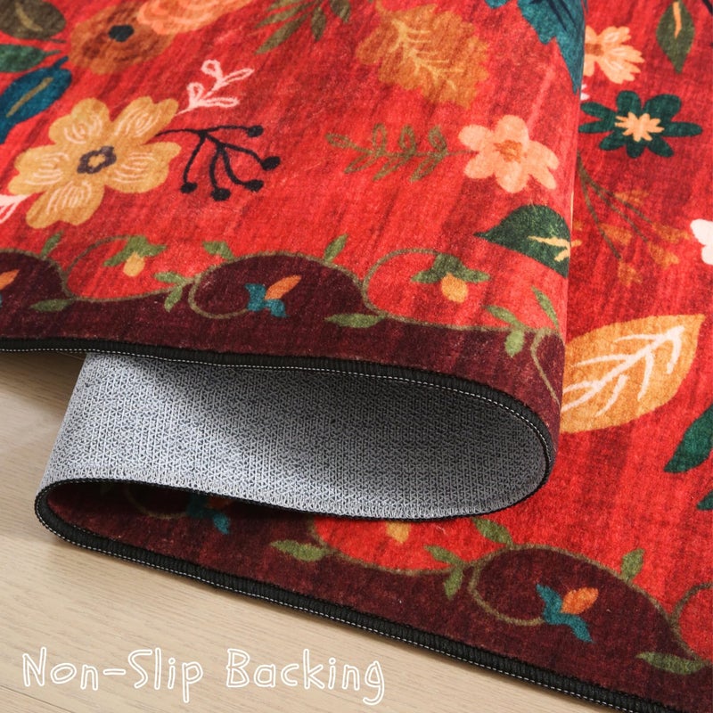 Rugcomf Door Mat Indoor Entrance 2x3 Rug Machine Washable Boho Floral Small Area Rug Non-Slip Low Pile Throw Rugs for Entryway, Kitchen, Front Door Indoor Entrance, Entry, Kids Room (Red) - Image 3