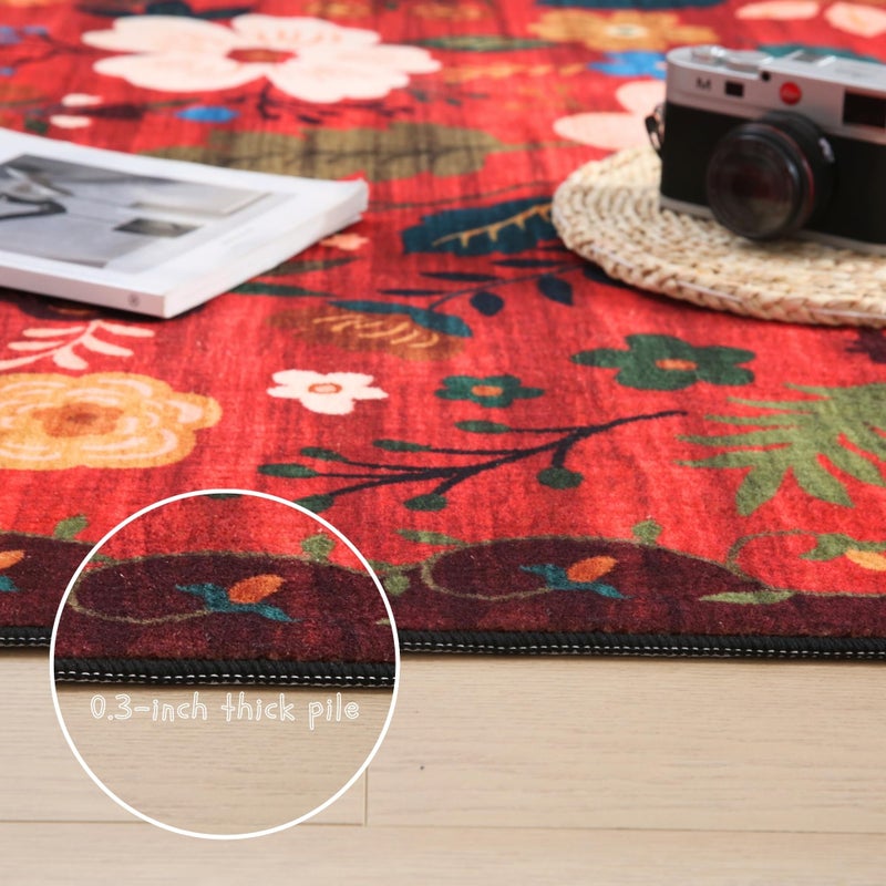 Rugcomf Door Mat Indoor Entrance 2x3 Rug Machine Washable Boho Floral Small Area Rug Non-Slip Low Pile Throw Rugs for Entryway, Kitchen, Front Door Indoor Entrance, Entry, Kids Room (Red) - Image 4