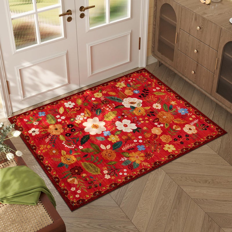 Rugcomf Door Mat Indoor Entrance 2x3 Rug Machine Washable Boho Floral Small Area Rug Non-Slip Low Pile Throw Rugs for Entryway, Kitchen, Front Door Indoor Entrance, Entry, Kids Room (Red) - Image 1